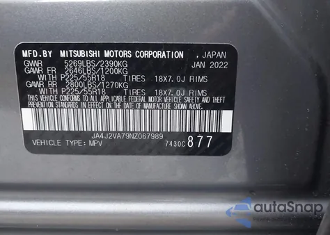 2022 Mitsubishi Outlander Phev Gt S-Awc/Le S-Awc/Sel S-Awc из США, поврежденный, VIN JA4J2VA79NZ067989